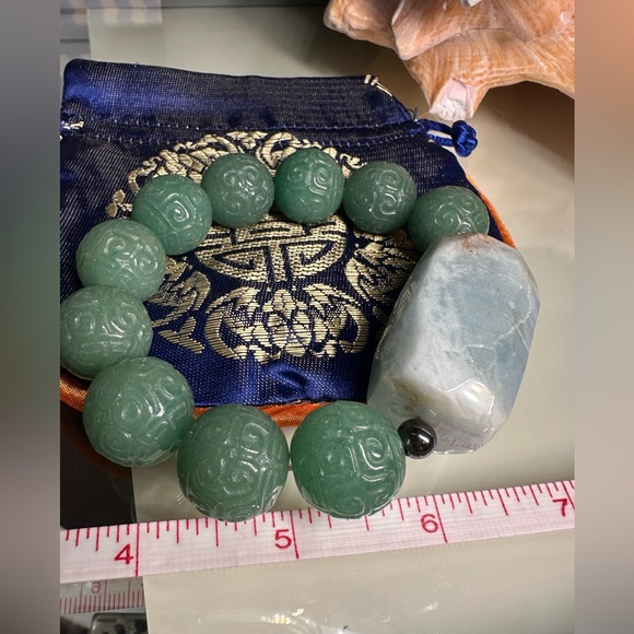 MASSIVE AQUAMARINE + JADE  AVENTURINE  NATURAL STONES BRACELET size 7” - Picture 13 of 16